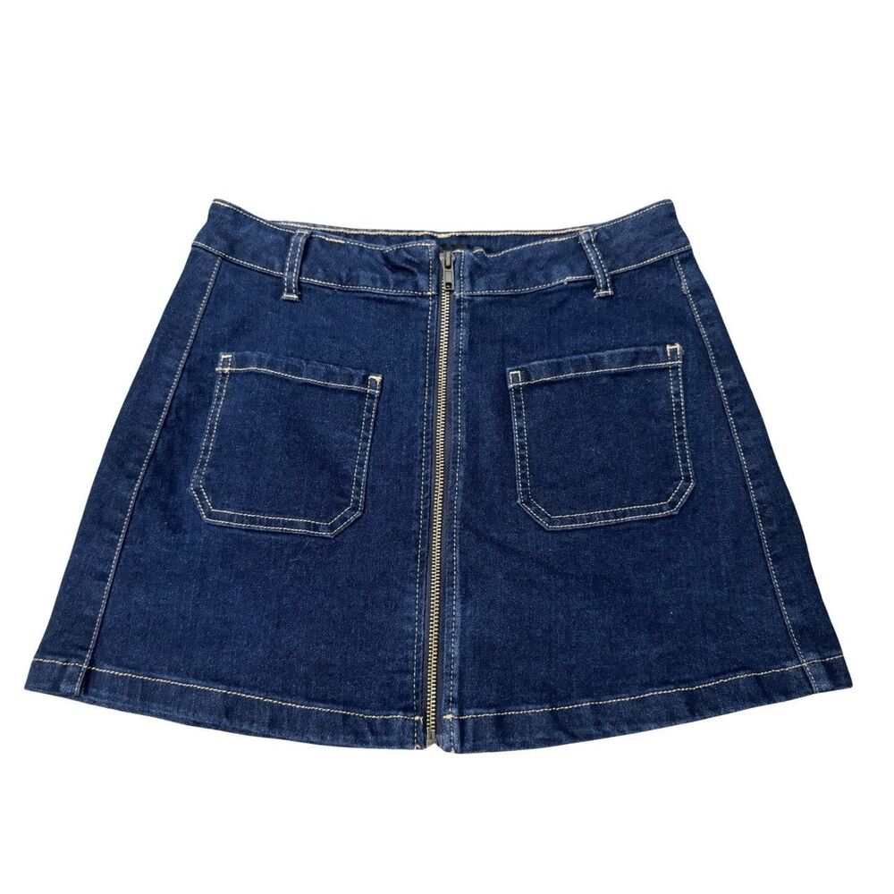 Retro 70s Style Indie Sleaze Streetwear Utility Denim Zip Front Mini Skirt S